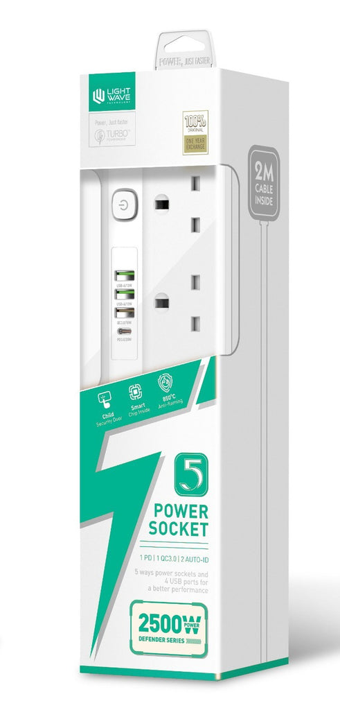 Cable - Extension - 5 - Socket - Surge Protector - Lightwave - LW-EXT-5